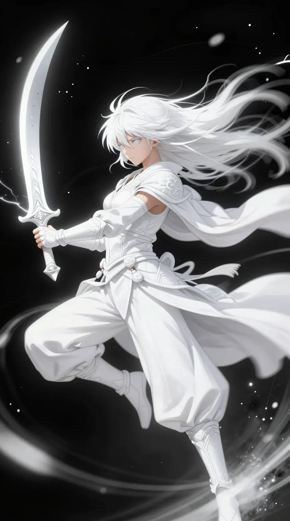 Guerrera de anime blanca saltando con hojas curvadas