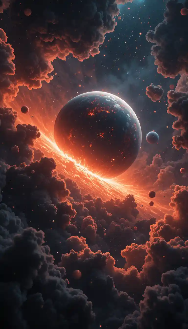 Massive planet surrounded by glowing orange red nebula clouds
