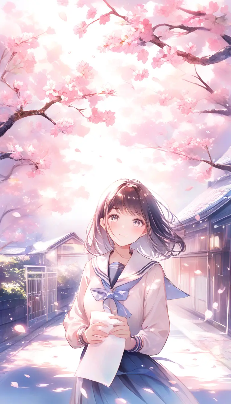 満開の桜の下で卒業証書を持つアニメ風女子高生