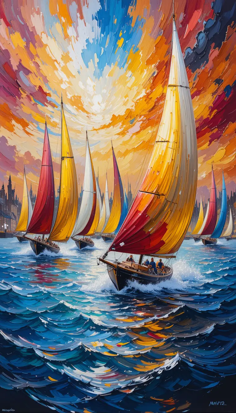 Bateaux colorés filant à travers un port vibrant au coucher du soleil