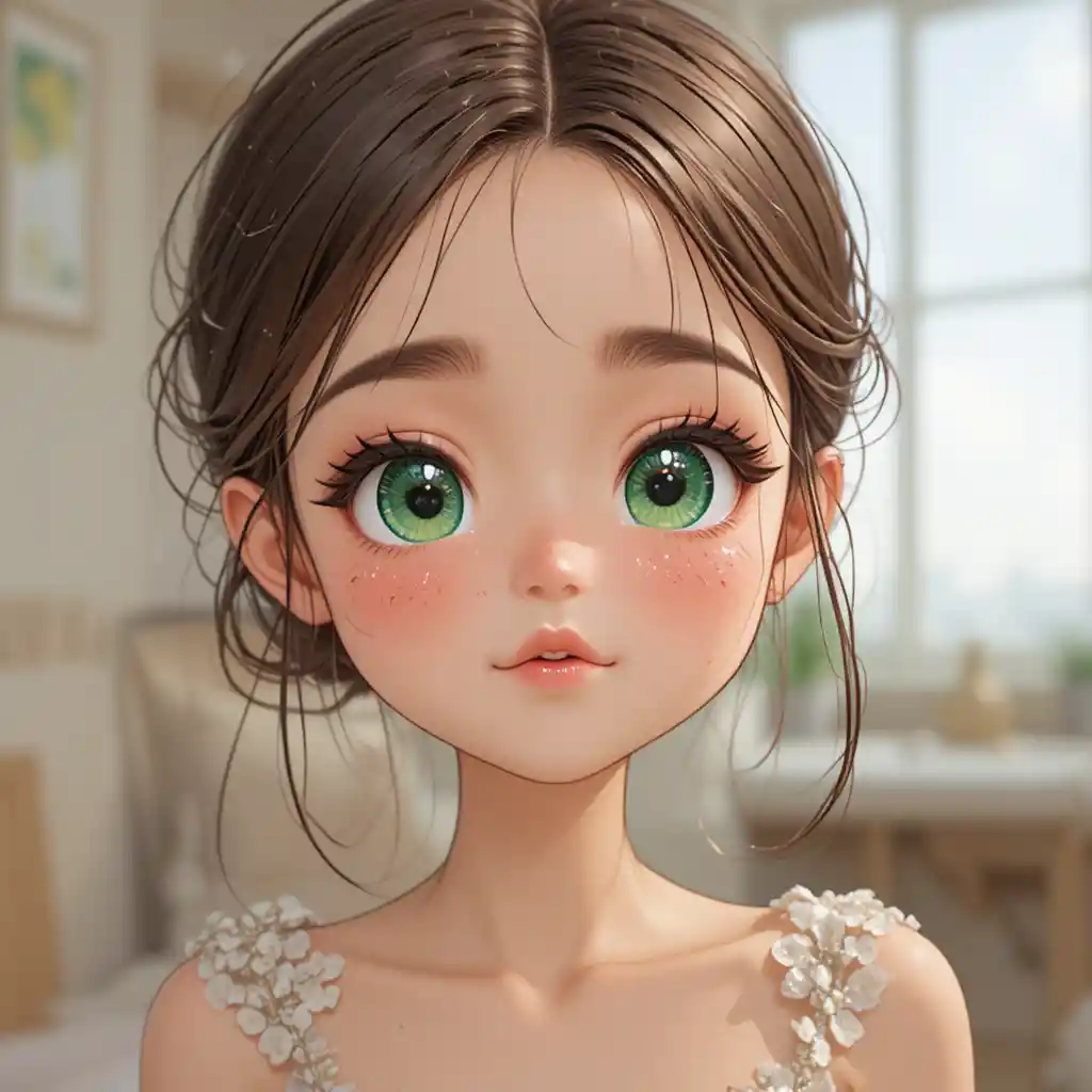 초록 눈과 주근깨가 있는 rosy 볼의 치비 애니 소녀
