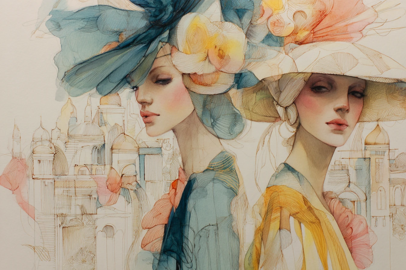Donne eleganti in acquerello pastello con cappelli decorativi