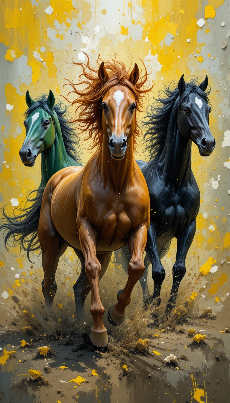 Three galloping horses in a wild abstract color storm