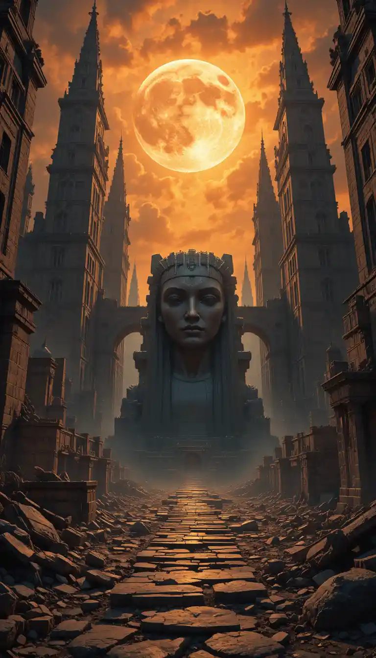 Mystical ancient city with colossal stone face statue at night