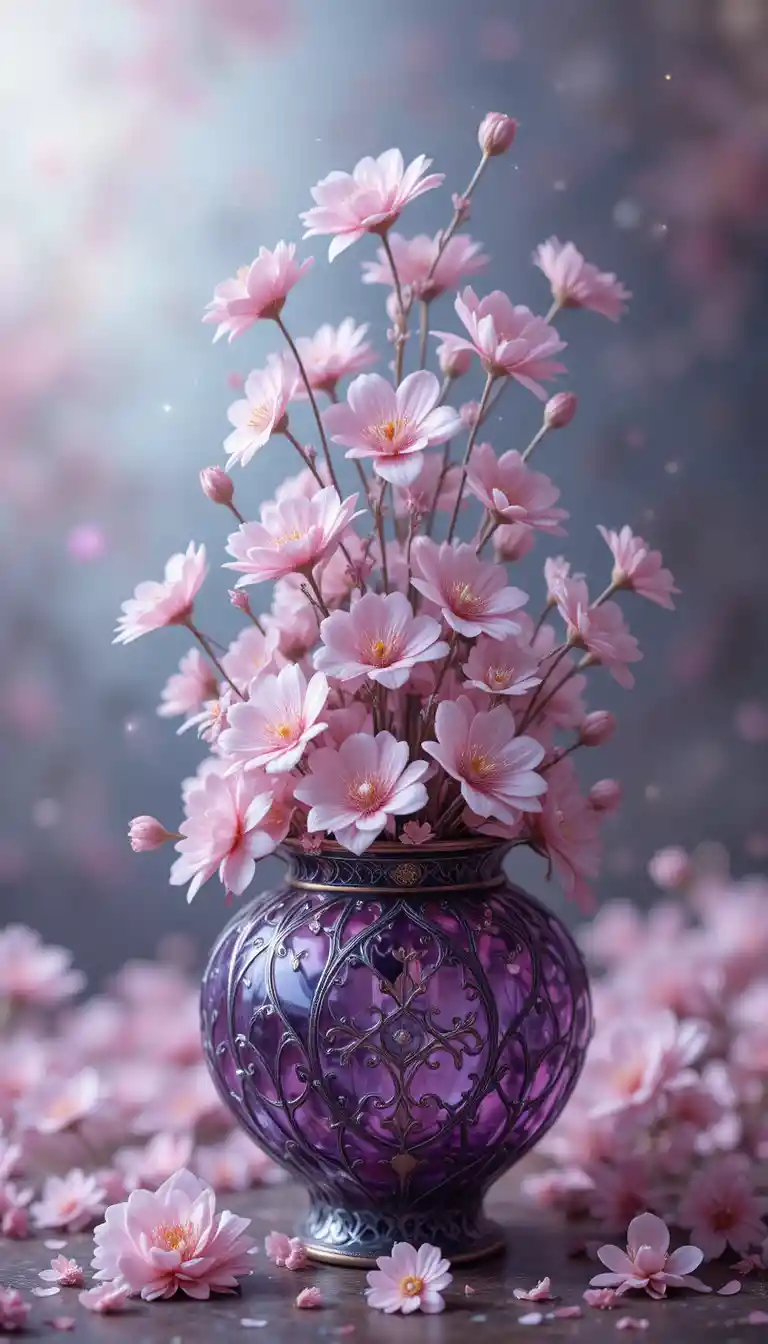 Vaso viola decorato con fiori rosa e bianchi fluttuanti