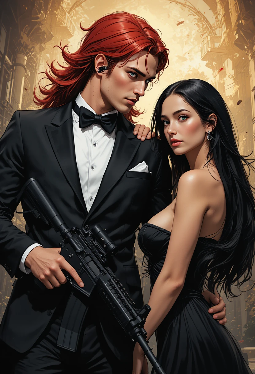 Uomo dai capelli rossi con fucile che protegge una donna in stile fumetto