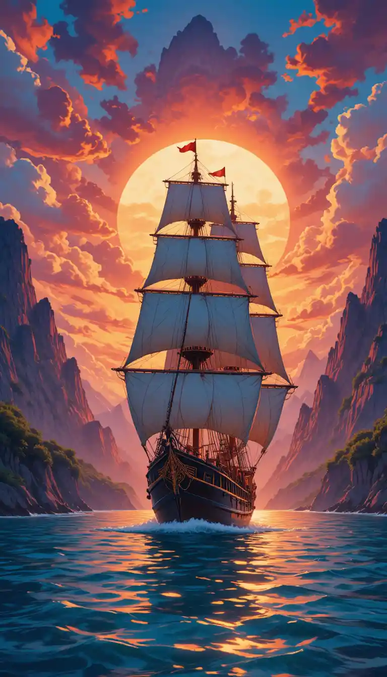 Altes Segelschiff bei Sonnenuntergang auf türkisfarbenem Gebirgsmeer