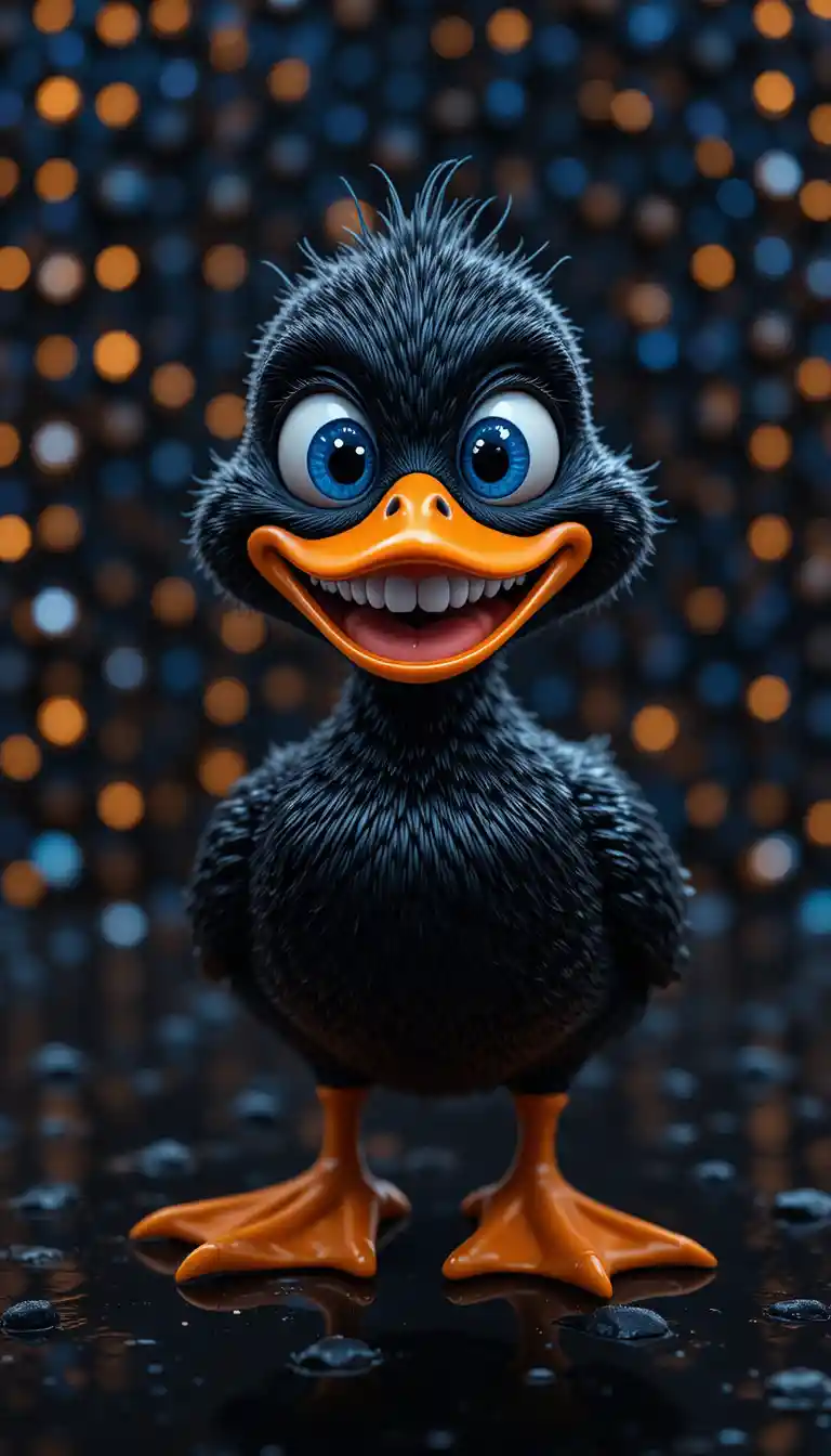 Close up CGI duck with bright blue eyes and grin