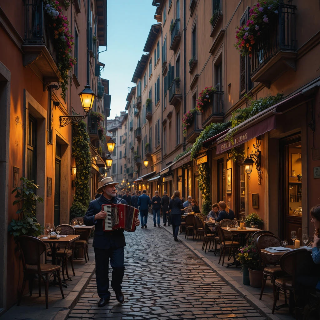 Callejón romano romántico con trattorias y farolas al atardecer