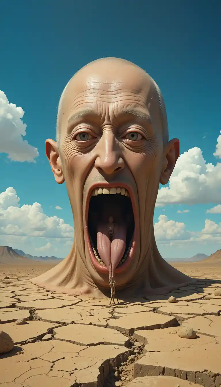 Homem gigante surreal engolindo uma pequena figura no deserto