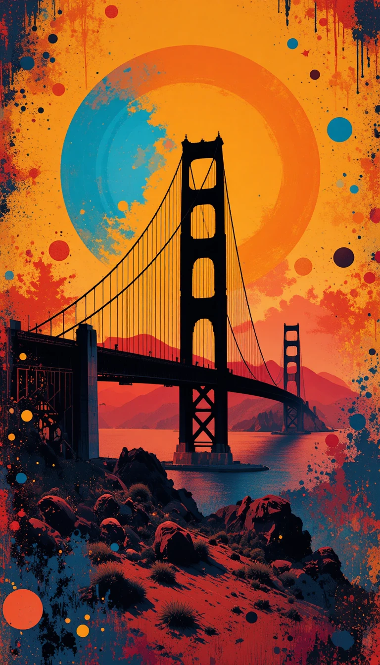 Silhouette der Golden Gate Bridge in markantem, farbenfrohem abstraktem Design