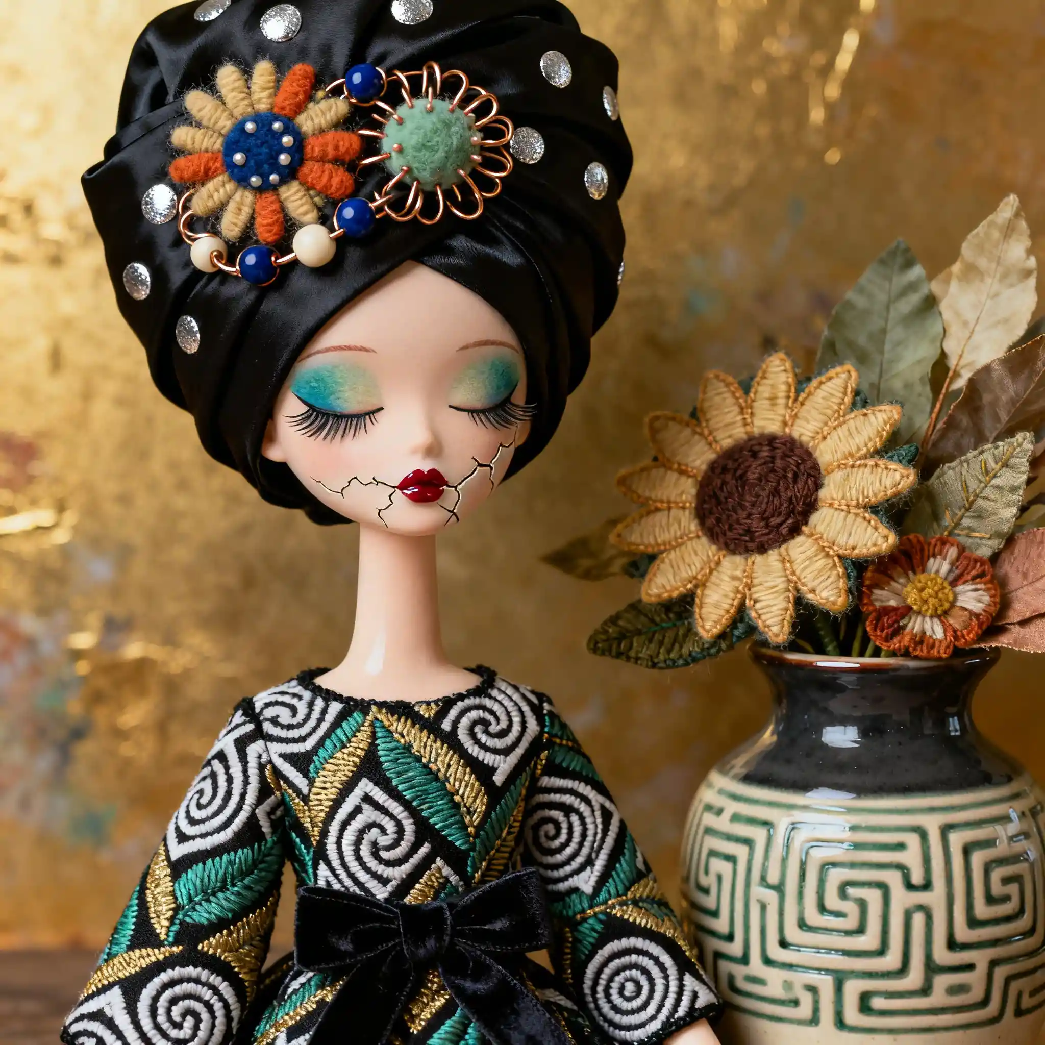 Boneca de arte com turbante bordado e corpo em jacquard estampado