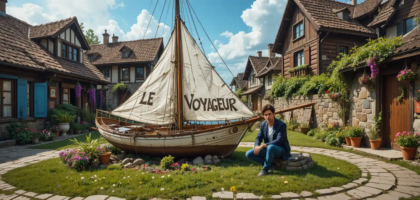 Old white sailboat displayed in a quaint village setting