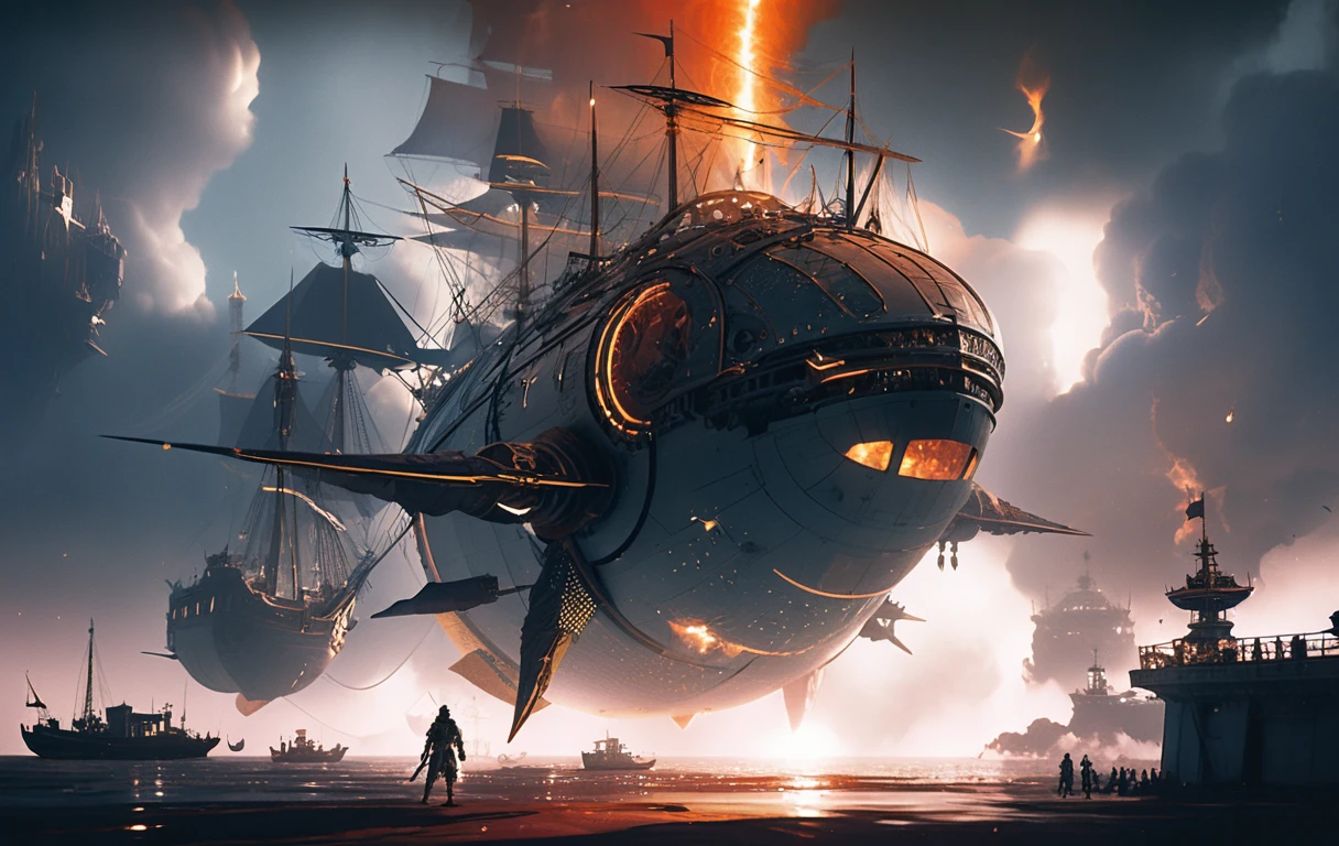 Armored starforged druid bracing on burning airship dock