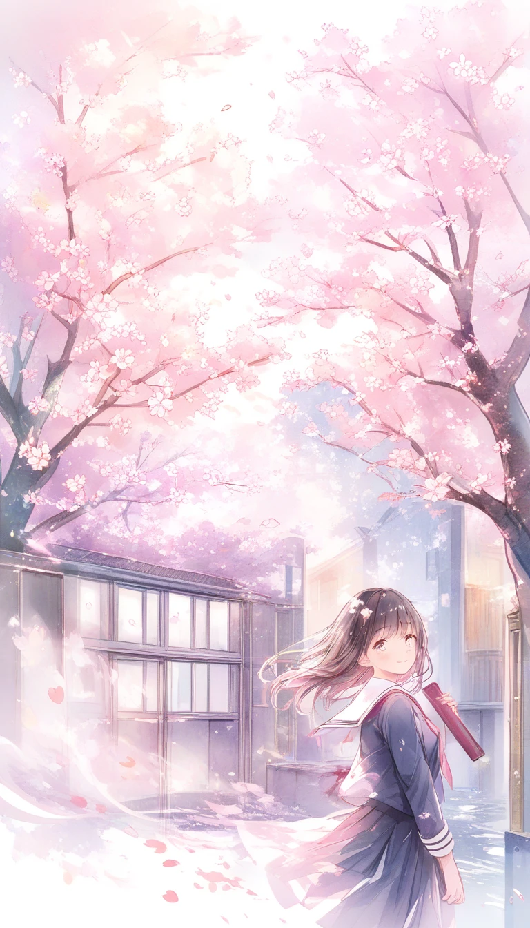 Chica de instituto estilo anime graduándose bajo cerezos en flor