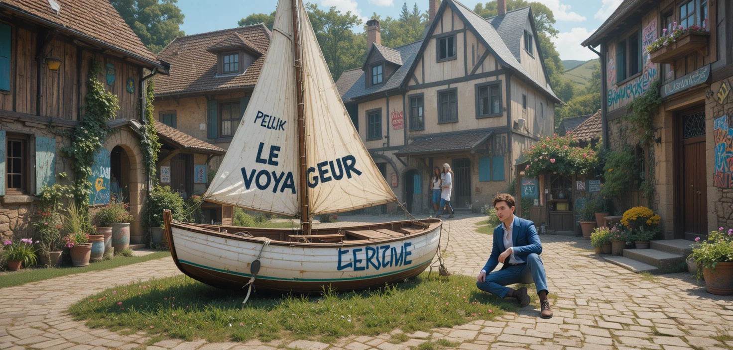 Old white sailboat displayed in a quaint village lawn