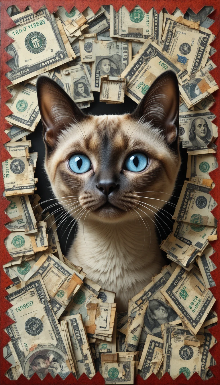 Gato siamês surgindo de colagem de notas de dólar