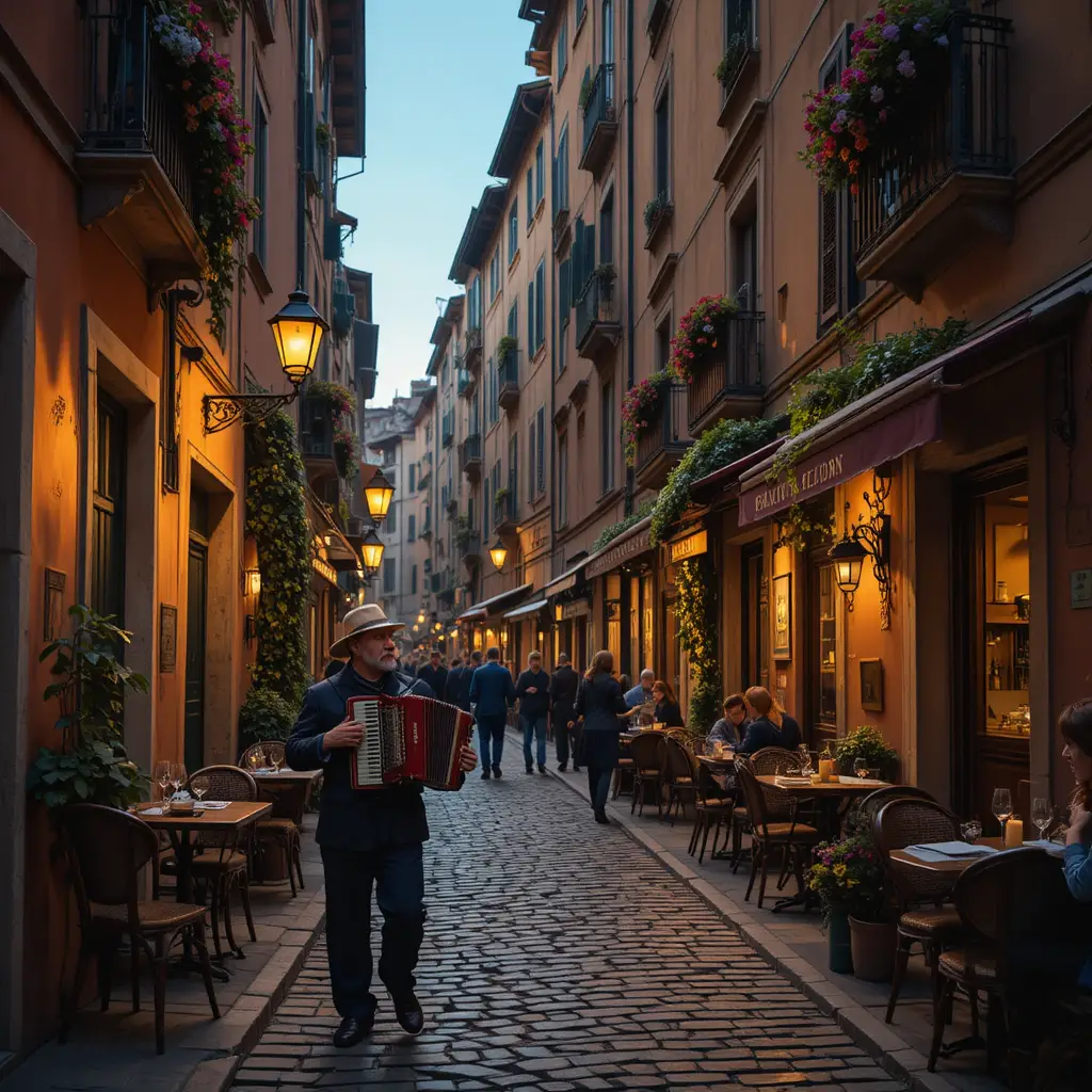 Romantic Roman alley with trattorias and evening streetlights