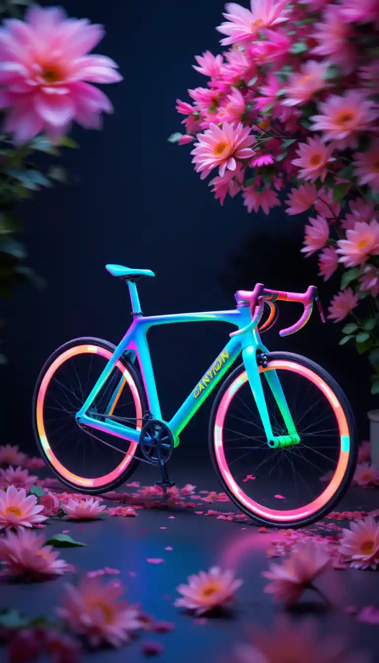 Bicicletta Canyon al neon su sfondo scuro astratto e luminoso