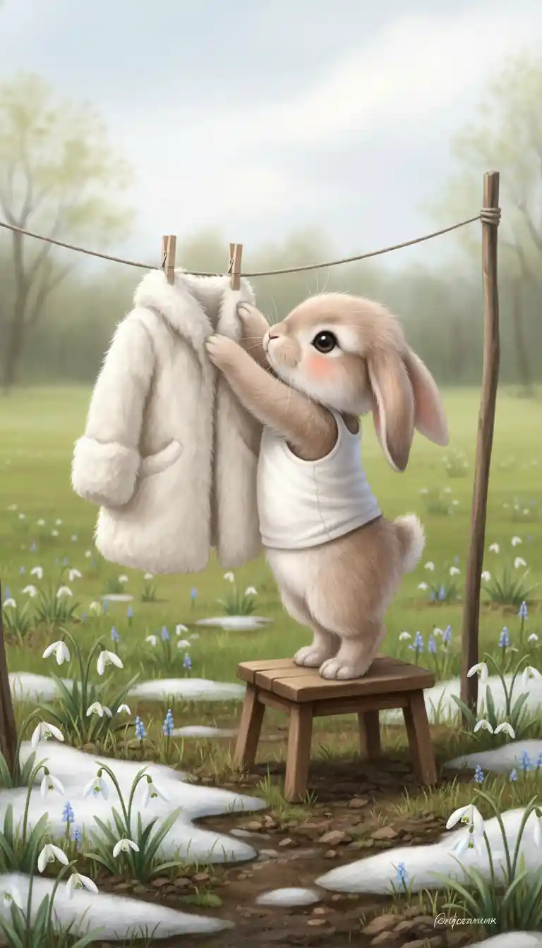 Rabbit hanging a white fur coat on a meadow clothesline