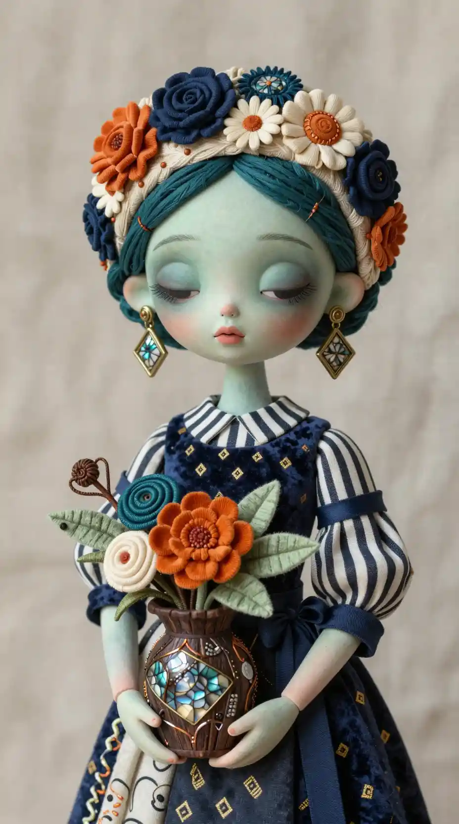 Mixed media sculpture of a serene big eyed female figure