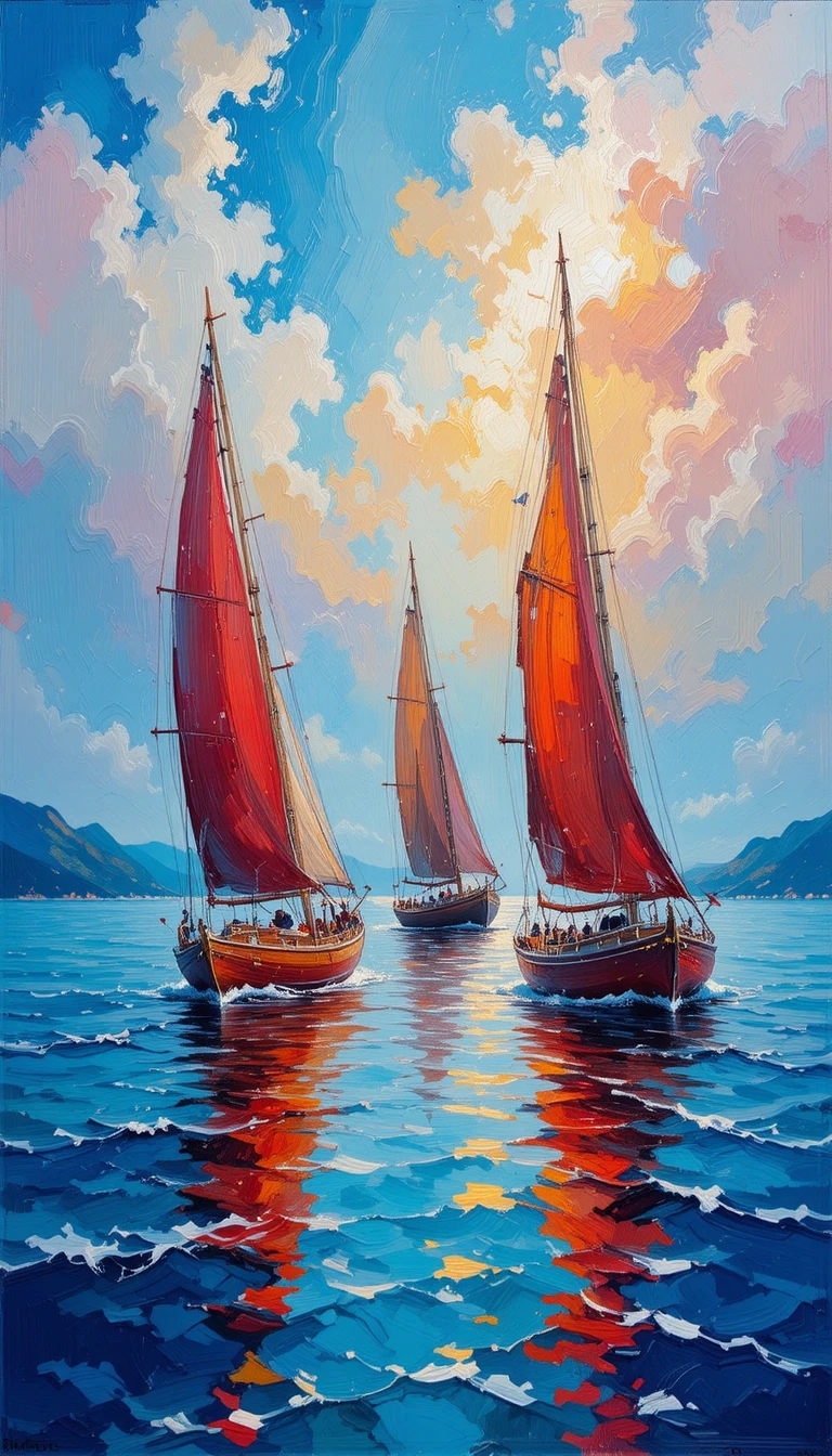 Impressionist sailboats with red and white sails on calm water