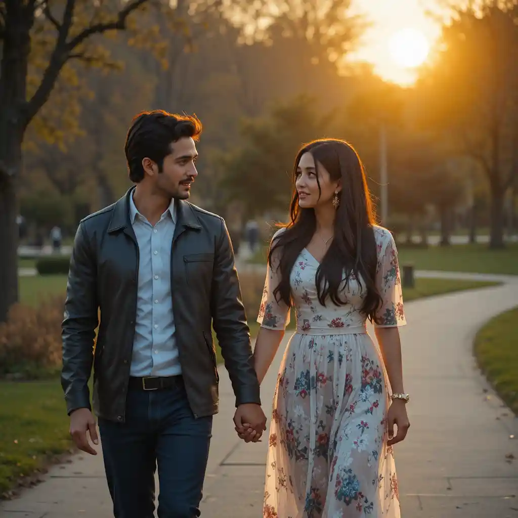 Romantic couple walking hand in hand through a sunset park