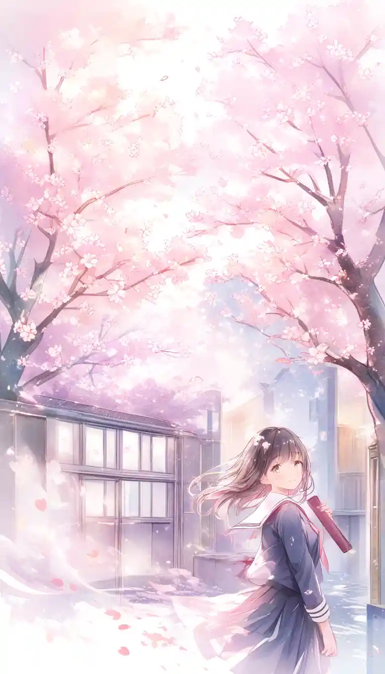 Anime schoolgirl graduating under blooming cherry blossom trees