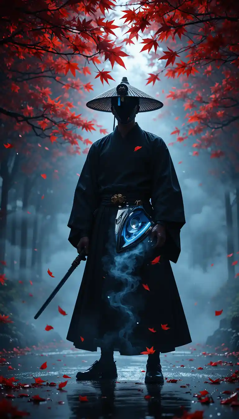 Samurai in shadows beneath scarlet maple leaves with glowing iron