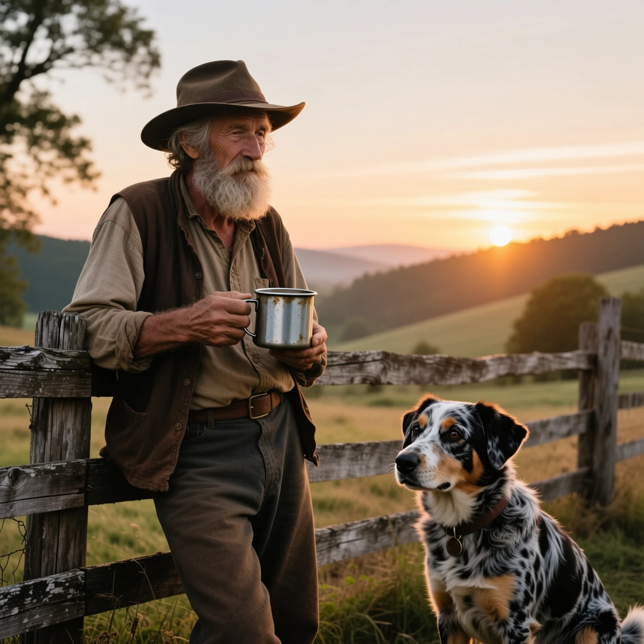 Alter Mann mit Hütehund am Zaun bei Sonnenaufgang