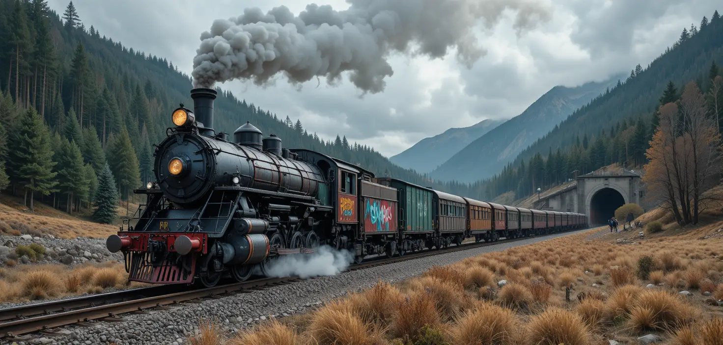 Treno merci che attraversa montagne boscose su una linea ferroviaria rocciosa
