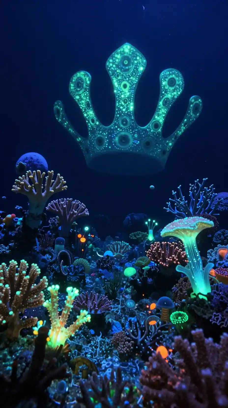 Barriera Corallina Bioluminescente con Fantastica Vita Marina Luminosa
