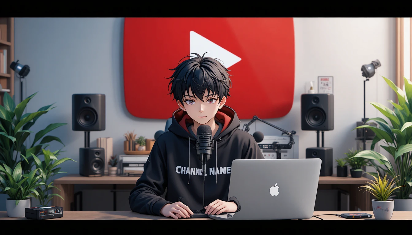 Anime-Junge streamt am Computertisch mit Mikrofon