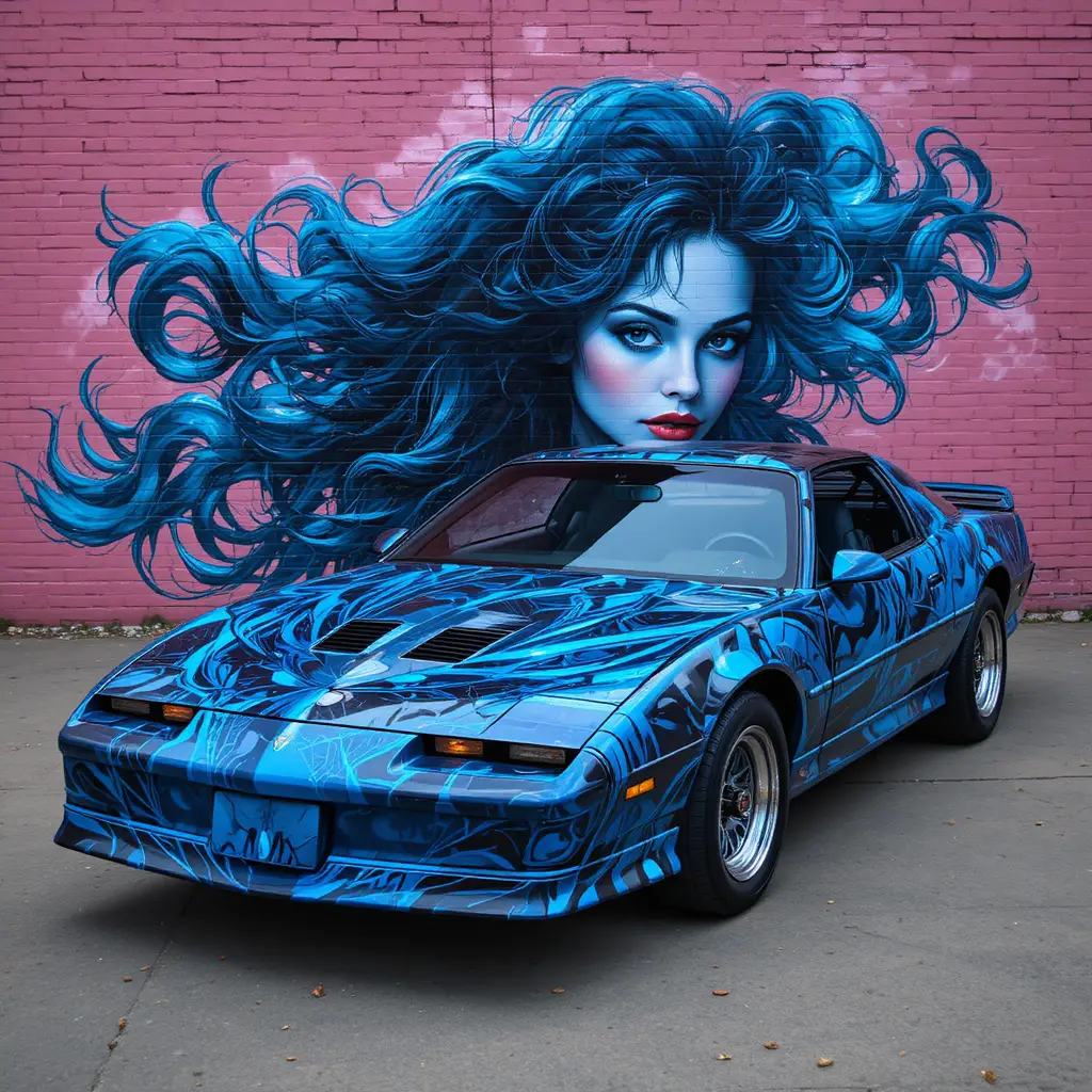 Pontiac Firebird mit Wandgemälde und fließendem blauem Porträt auf der Motorhaube