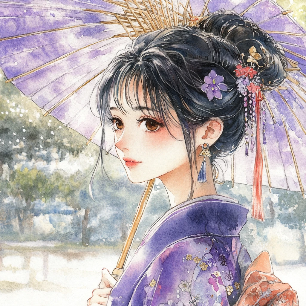 Anime-Frau im Kimono mit Sonnenschirm im Garten