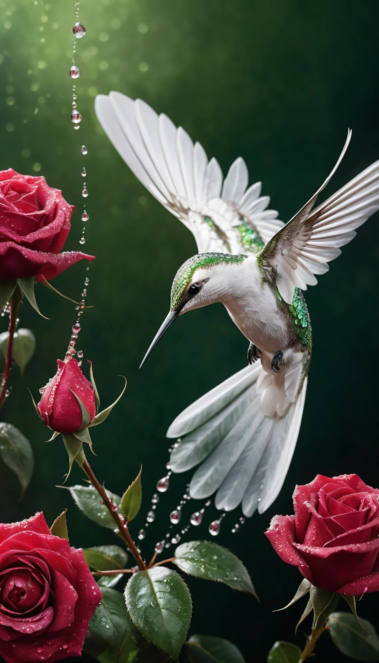 Beija-flor de água pairando sobre uma rosa carmesim