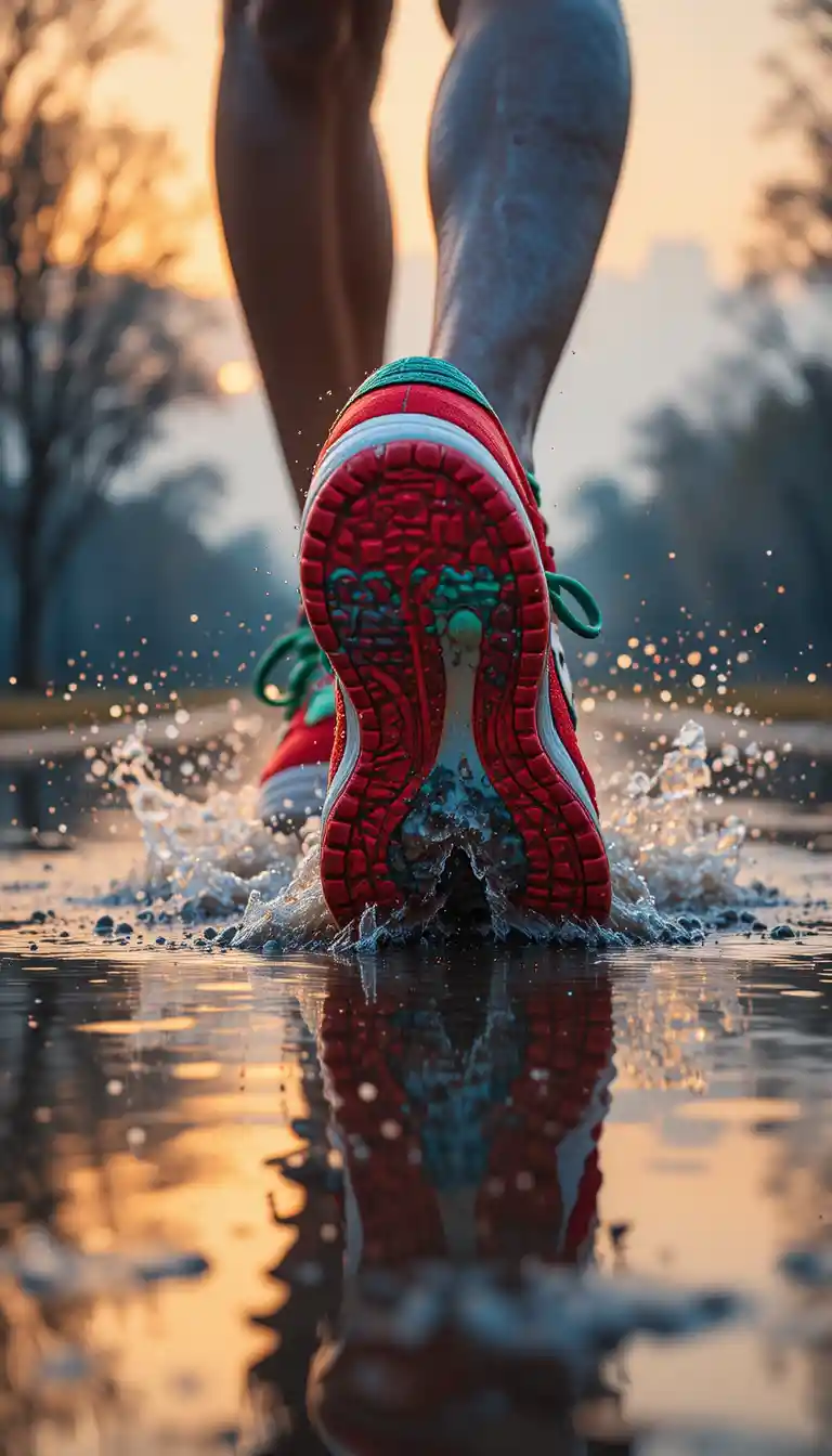 Sneaker rossa che attraversa un paesaggio allagato e riflettente