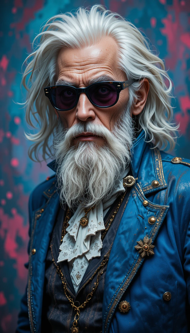Anziano eccentrico con occhiali tondi scuri e cappotto blu