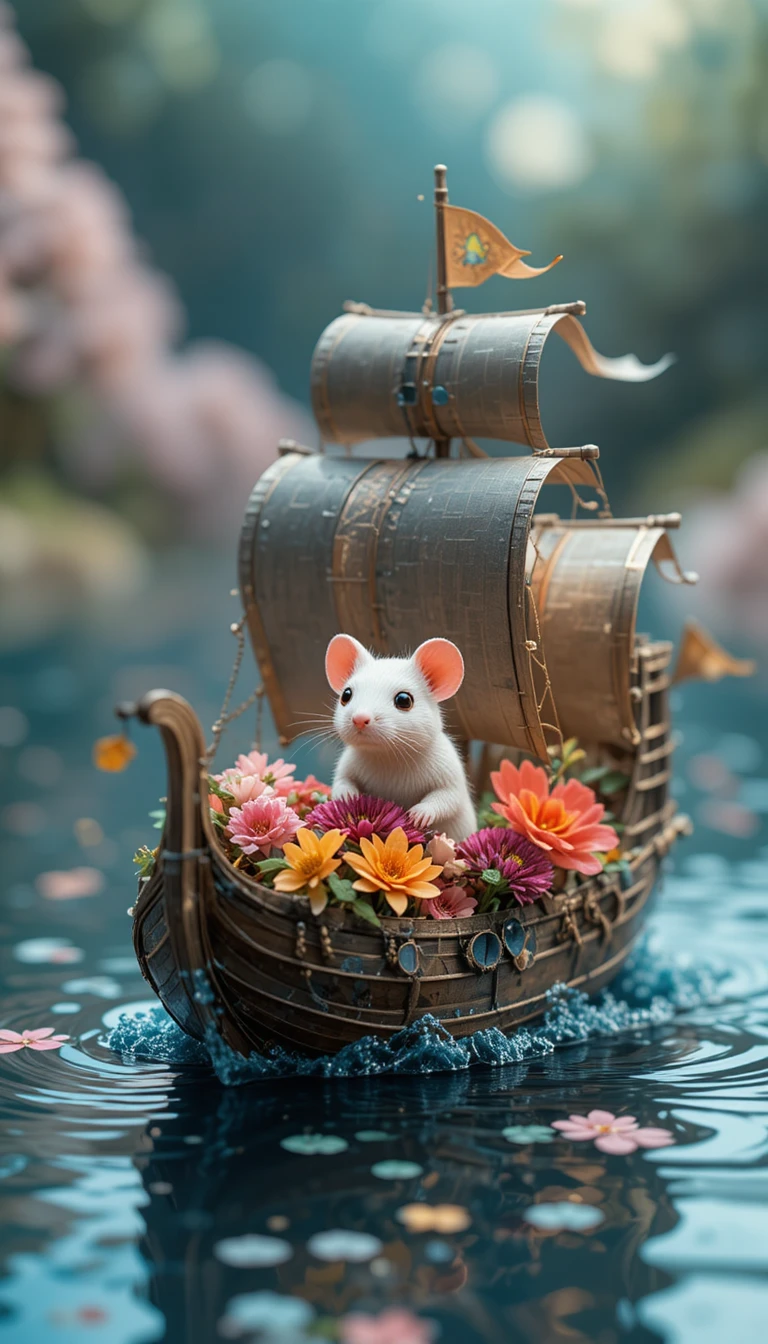 花と一緒に紙のボートで航海するかわいいネズミ