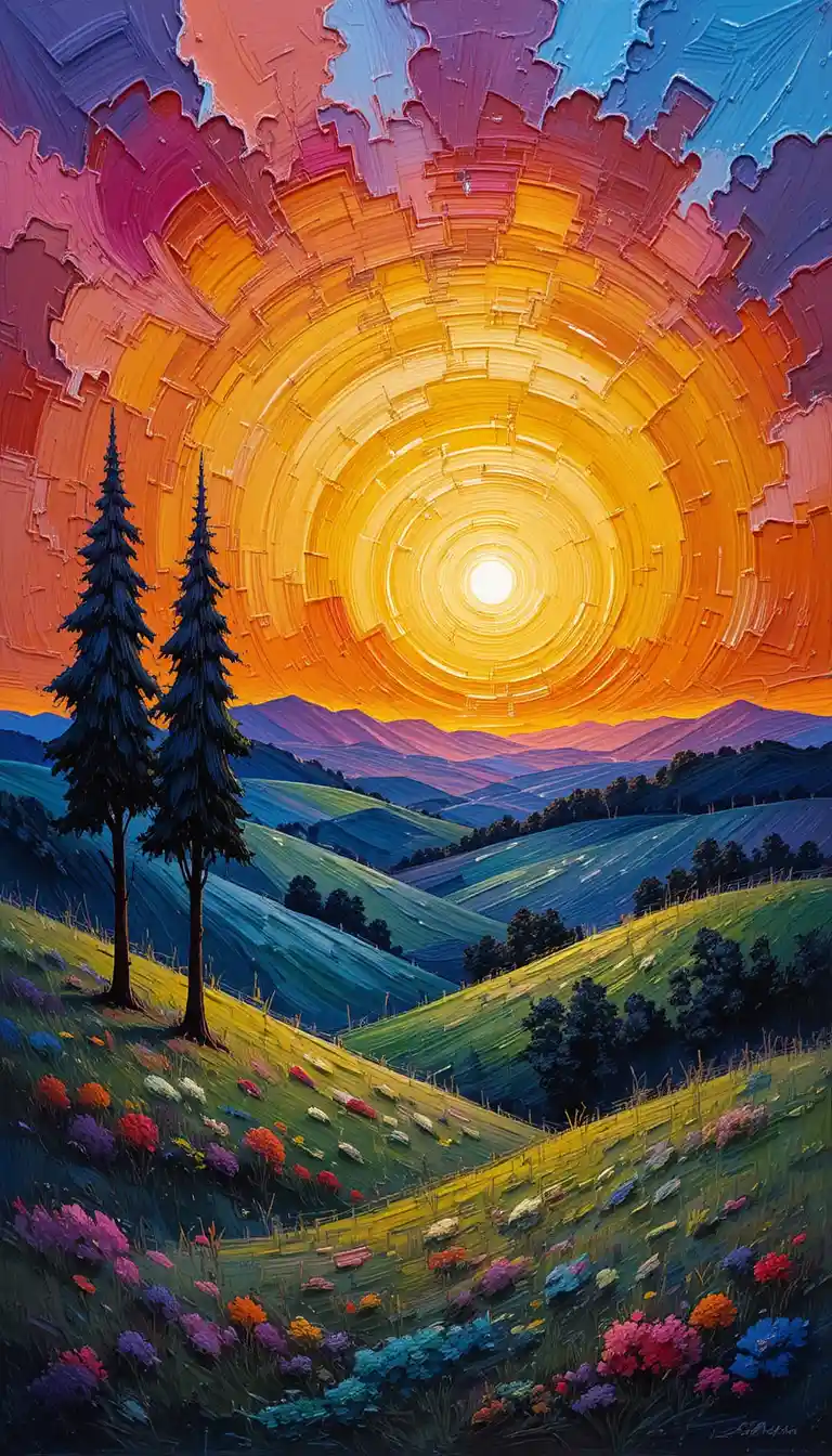 Dipinto astratto di tramonto su colline ondulate con alberi