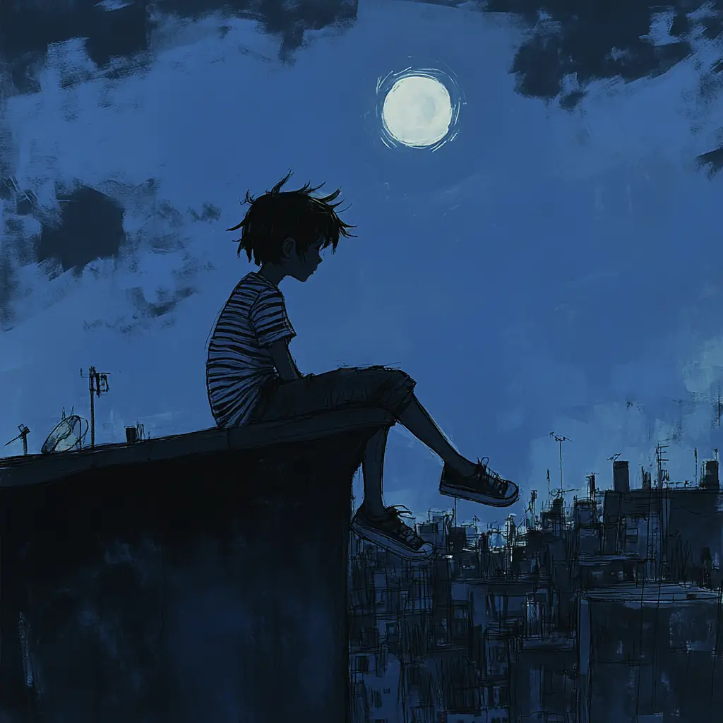 Boy Sitting On Rooftop Ledge Under Moonlit City Sky