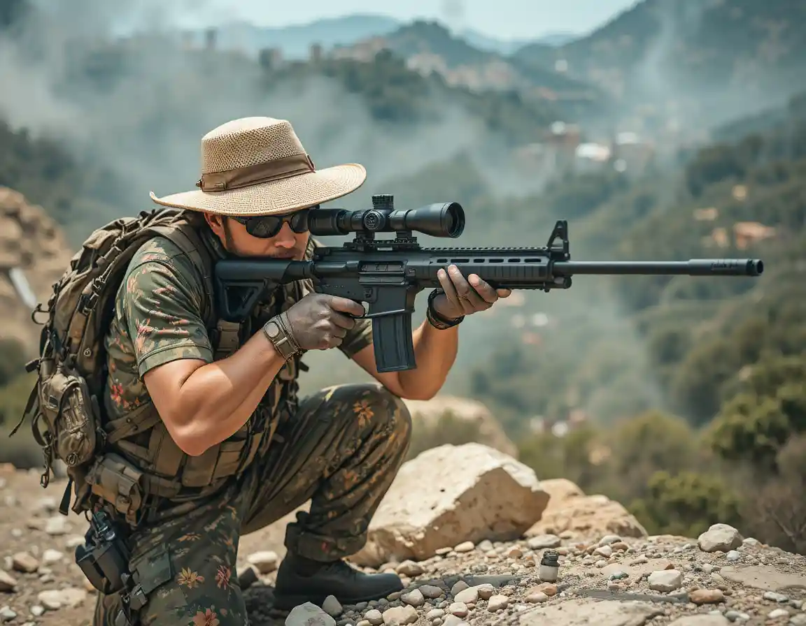 Sniper in camouflage aiming rifle from rocky mountain slope