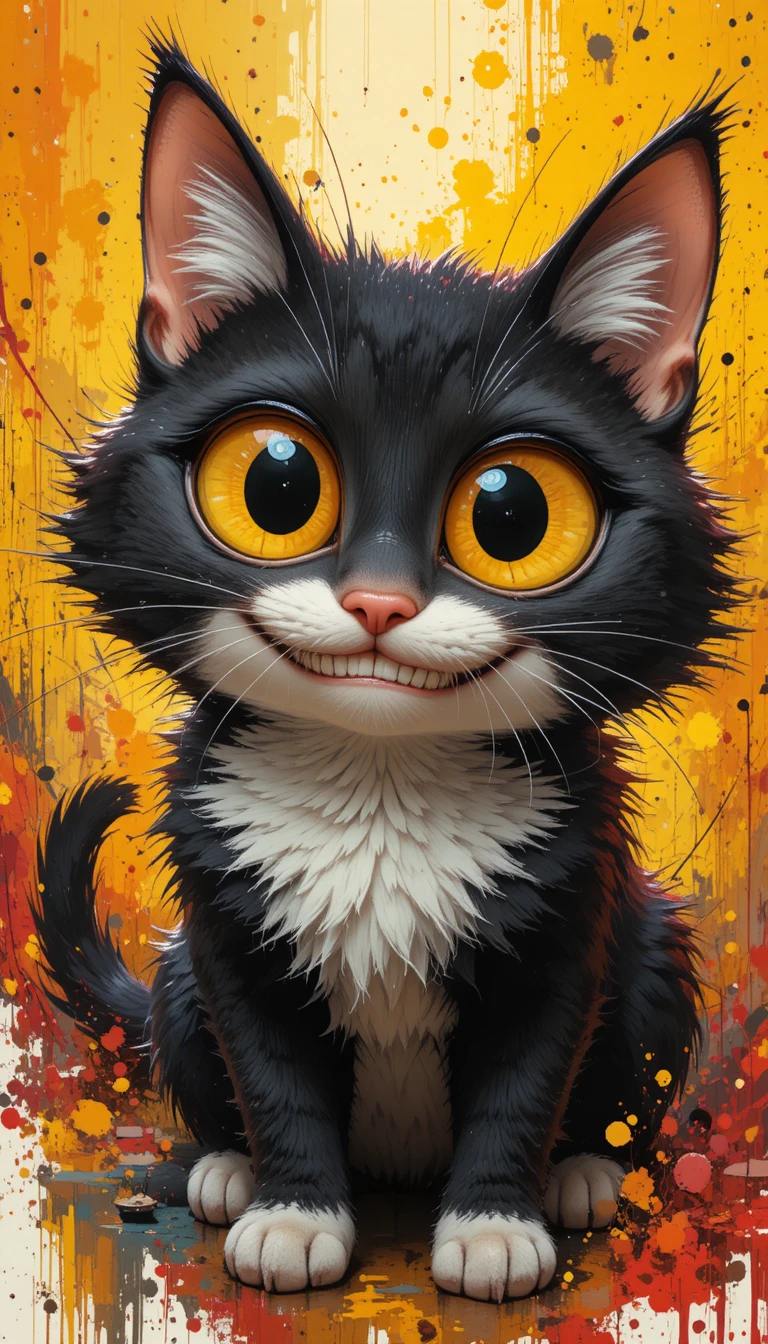 Tölpelhafte Cartoon-Katze mit riesigen gelben Augen auf feurigen Farbspritzern