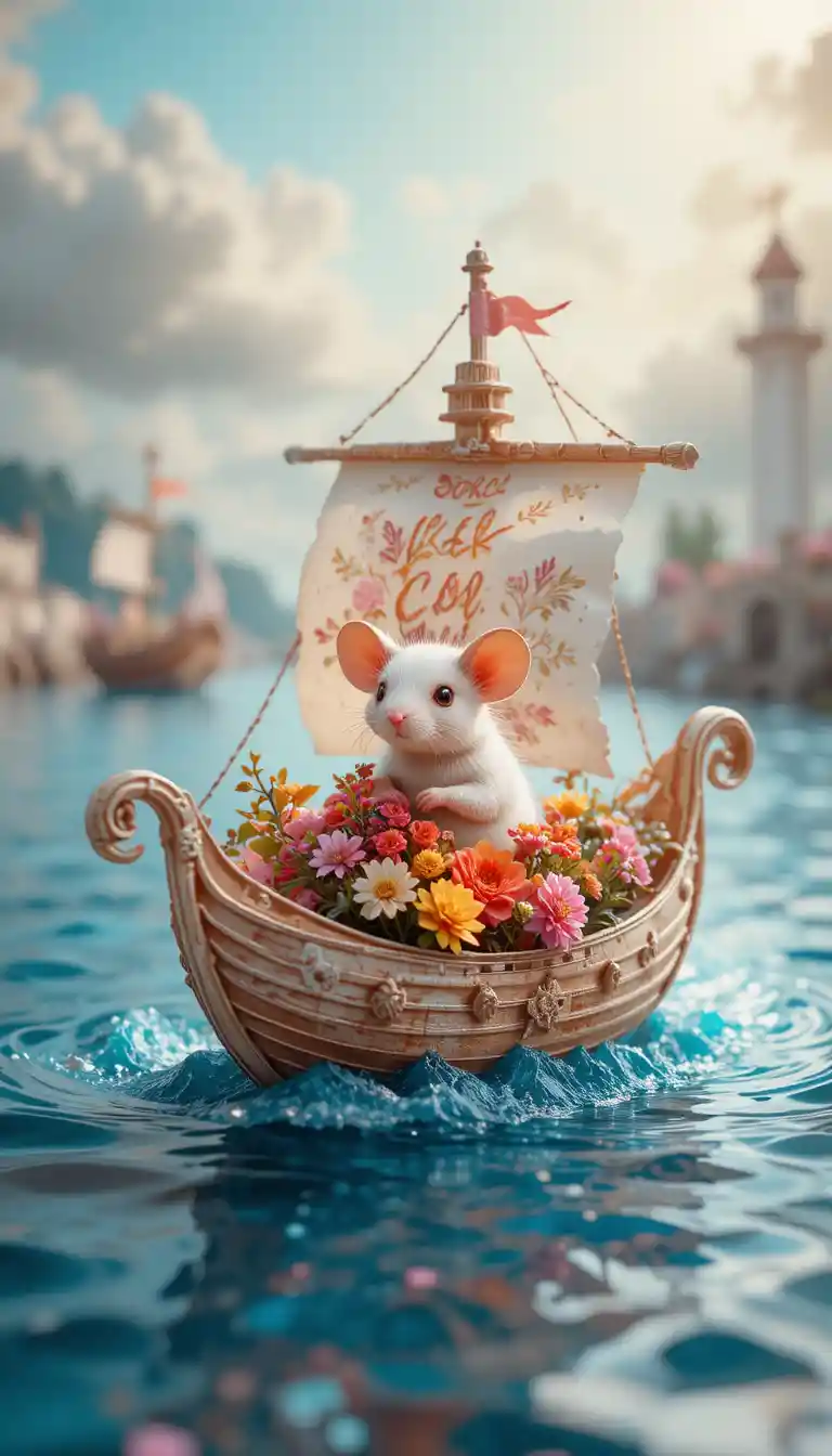 Cute mouse sailing in a paper boat with bright flowers