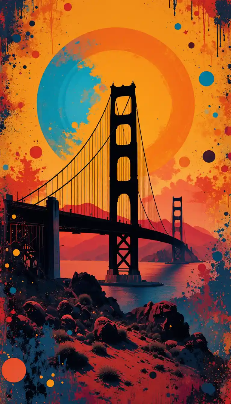 Golden Gate Bridge silhouette in bold colorful abstract design
