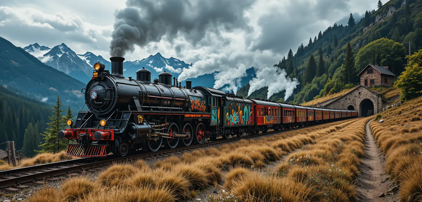 Treno merci che attraversa montagne boscose sotto un cielo nuvoloso diurno