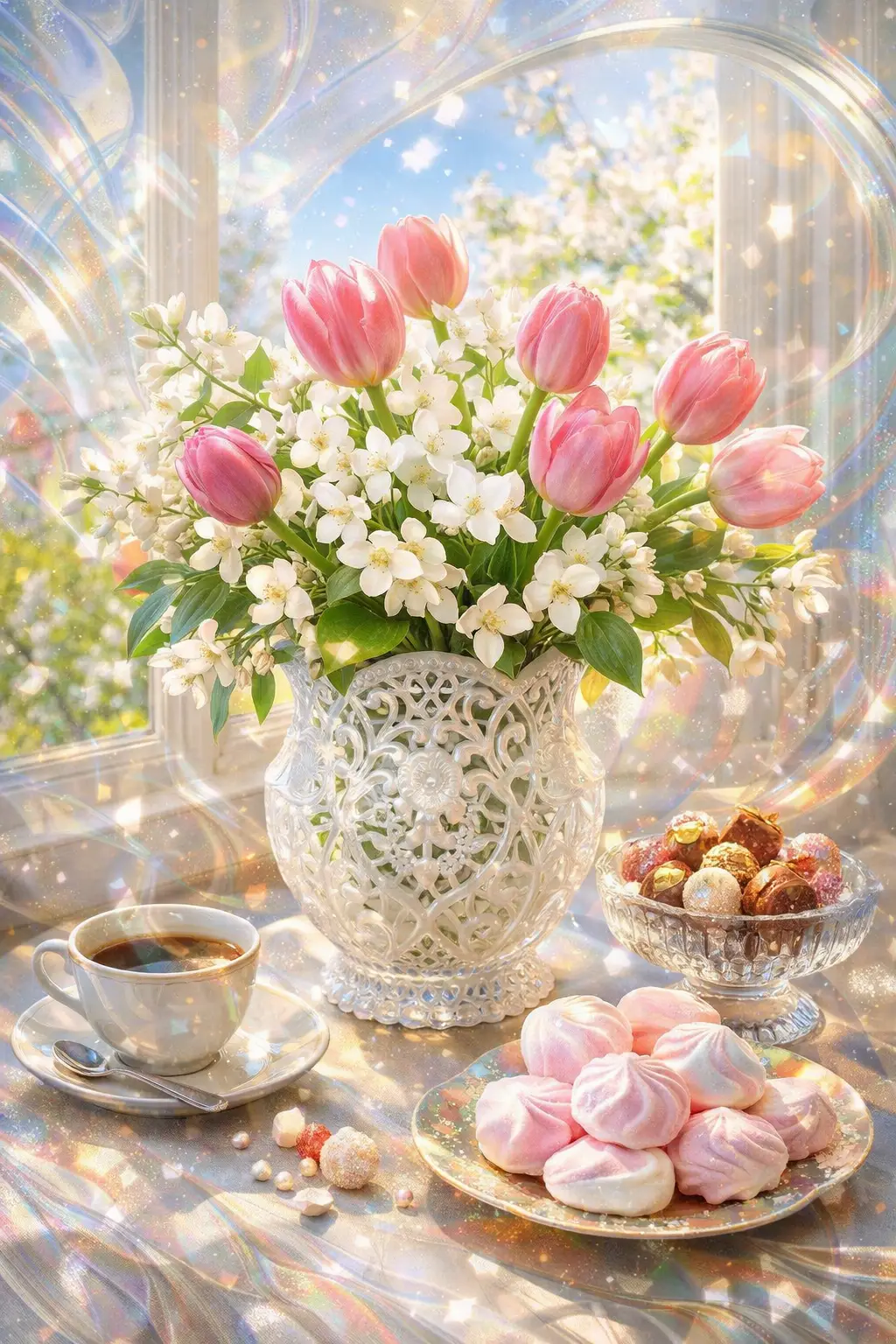 Spring flower bouquet in white glass vase by window