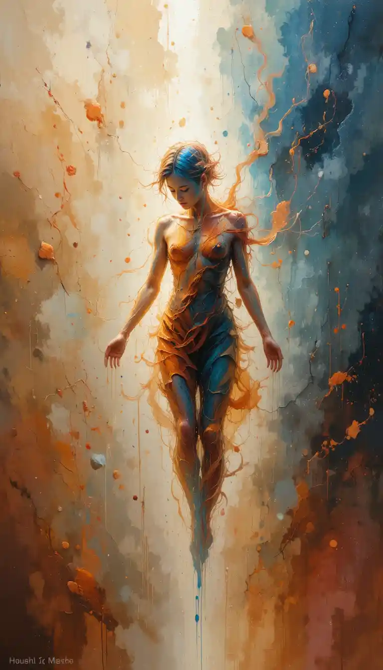 Figura umana semi astratta che si dissolve in colori fluidi