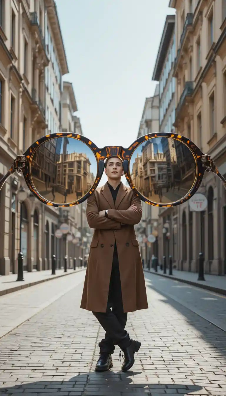 Stylish man leaning on oversized tortoiseshell glasses in city street