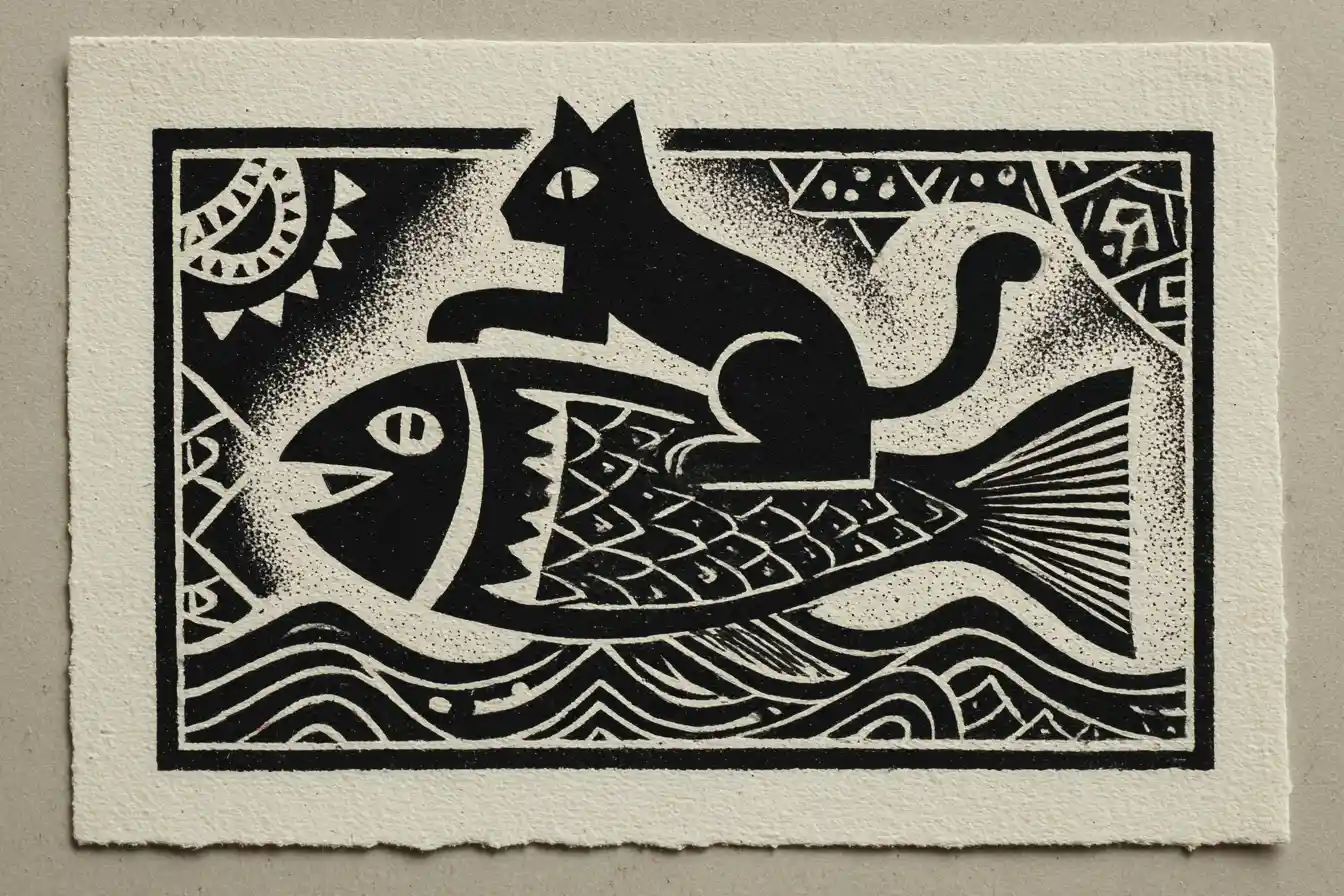 Minimalistischer Linolschnitt: Katze reitet auf einem Fisch in geometrischen Wellen